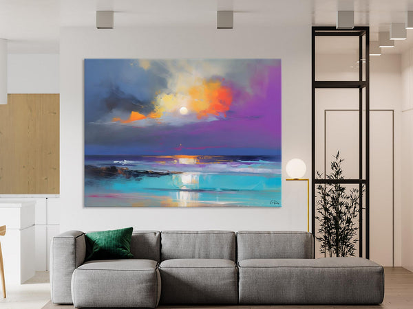 Landscape Painting on Canvas, Hand Painted Canvas Art, Moon Rising from Sea, Contemporary Wall Art Paintings, Extra Large Original Art-Silvia Home Craft
