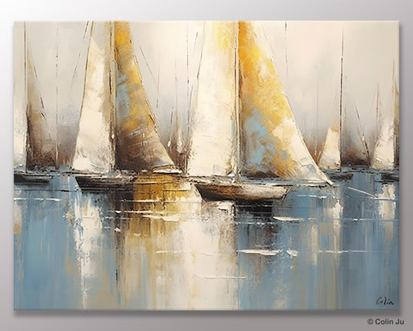 Large Paintings for Dining Room, Sail Boat Canvas Painting, Living Room Canvas Painting, Original Canvas Wall Art Paintings-Silvia Home Craft