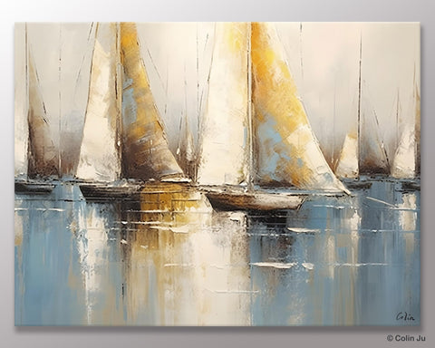 Large Paintings for Dining Room, Sail Boat Canvas Painting, Living Room Canvas Painting, Original Canvas Wall Art Paintings-Silvia Home Craft