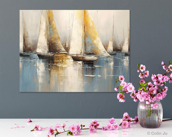 Large Paintings for Dining Room, Sail Boat Canvas Painting, Living Room Canvas Painting, Original Canvas Wall Art Paintings-Silvia Home Craft