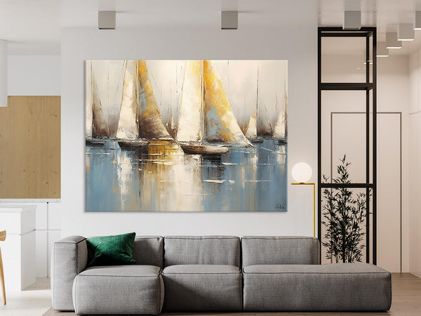 Large Paintings for Dining Room, Sail Boat Canvas Painting, Living Room Canvas Painting, Original Canvas Wall Art Paintings-Silvia Home Craft