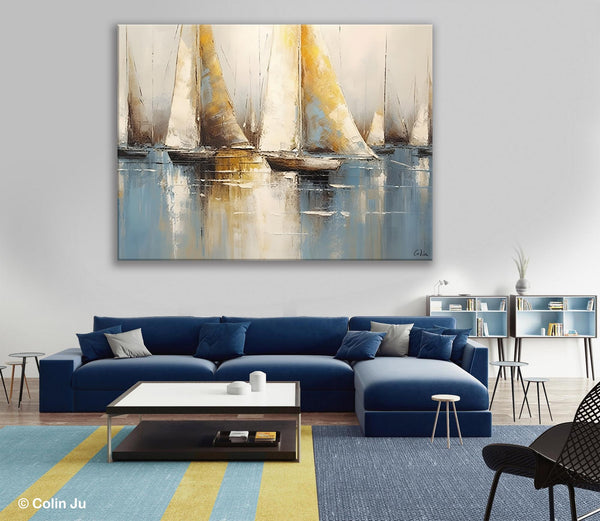 Large Paintings for Dining Room, Sail Boat Canvas Painting, Living Room Canvas Painting, Original Canvas Wall Art Paintings-Silvia Home Craft