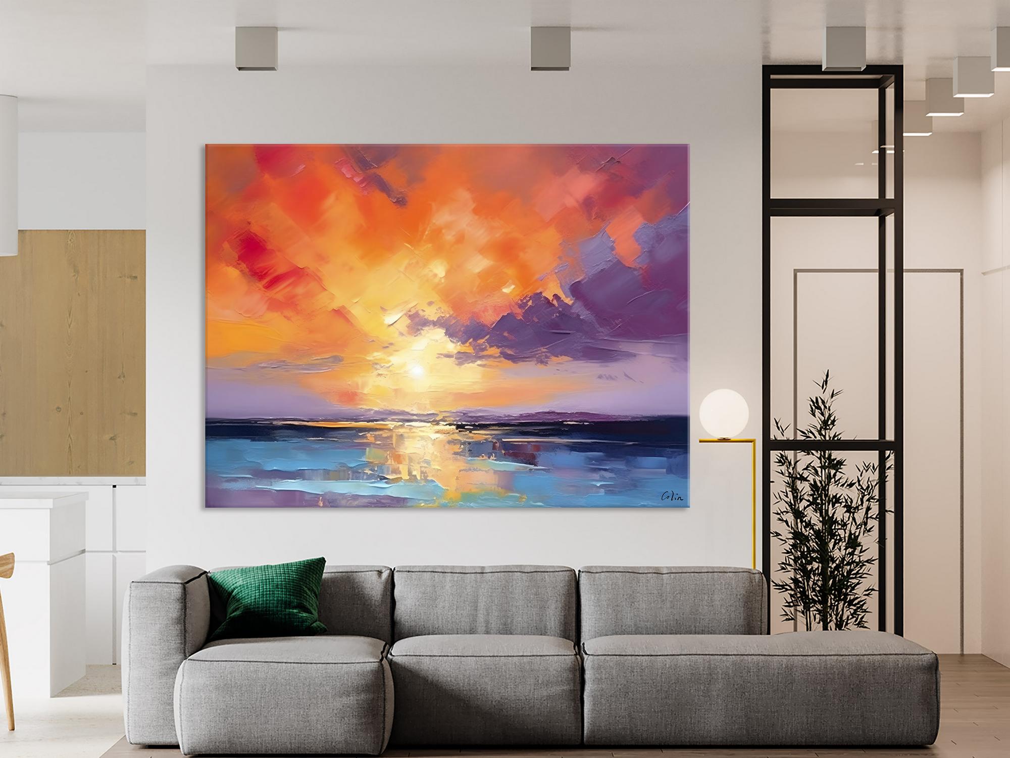 Original Landscape Oil Paintings, Sunrise Paintings, Large Contemporary Wall Art, Oil Painting on Canvas, Extra Large Paintings for Bedroom-Silvia Home Craft