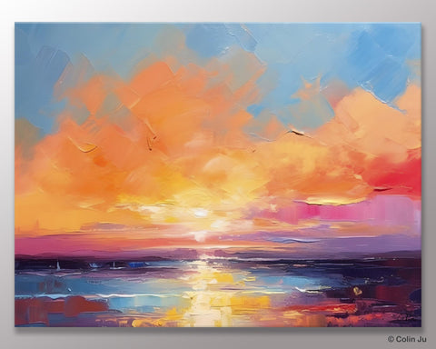 Acrylic Paintings for Living Room, Landscape Canvas Paintings, Sunrise Abstract Acrylic Painting, Contemporary Wall Art on Canvas-Silvia Home Craft