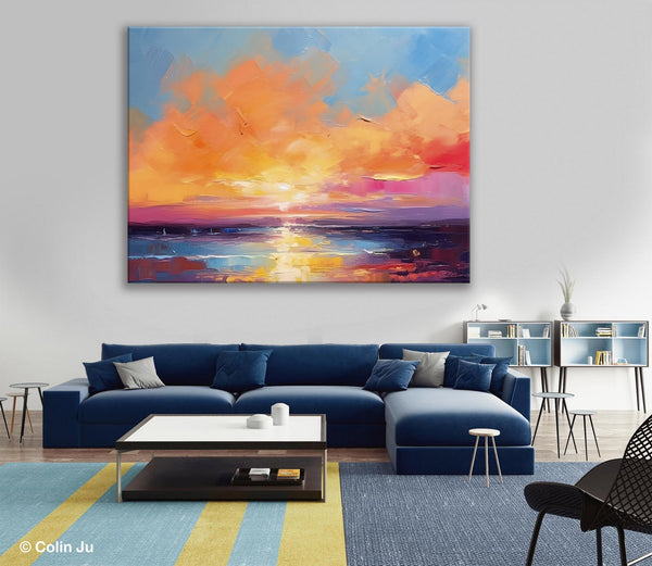 Acrylic Paintings for Living Room, Landscape Canvas Paintings, Sunrise Abstract Acrylic Painting, Contemporary Wall Art on Canvas-Silvia Home Craft
