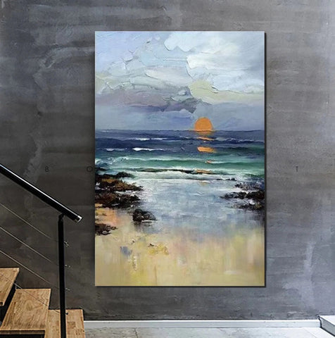 Contemporary Abstract Art for Dining Room, Seashore Sunrise Paintings, Living Room Canvas Art Ideas, Large Landscape Painting, Simple Modern Art-Silvia Home Craft