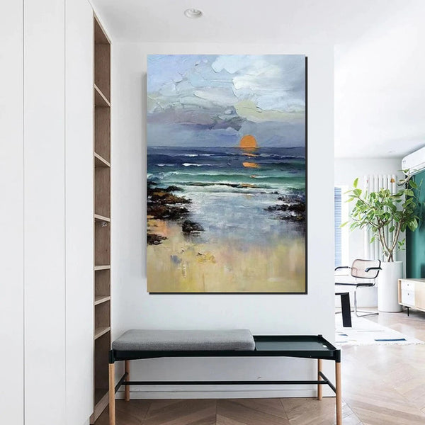 Contemporary Abstract Art for Dining Room, Seashore Sunrise Paintings, Living Room Canvas Art Ideas, Large Landscape Painting, Simple Modern Art-Silvia Home Craft