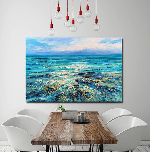 Abstract Landscape Paintings, Blue Sea Wave Painting, Landscape Canvas Paintings, Seascape Painting, Acrylic Paintings for Living Room, Hand Painted Canvas Art-Silvia Home Craft