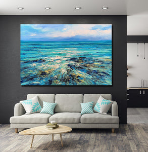 Abstract Landscape Paintings, Blue Sea Wave Painting, Landscape Canvas Paintings, Seascape Painting, Acrylic Paintings for Living Room, Hand Painted Canvas Art-Silvia Home Craft