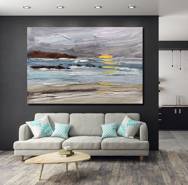 Abstract Landscape Paintings, Landscape Canvas Paintings, Seashore Sunrise Painting, Acrylic Paintings for Living Room, Large Simple Modern Art-Silvia Home Craft