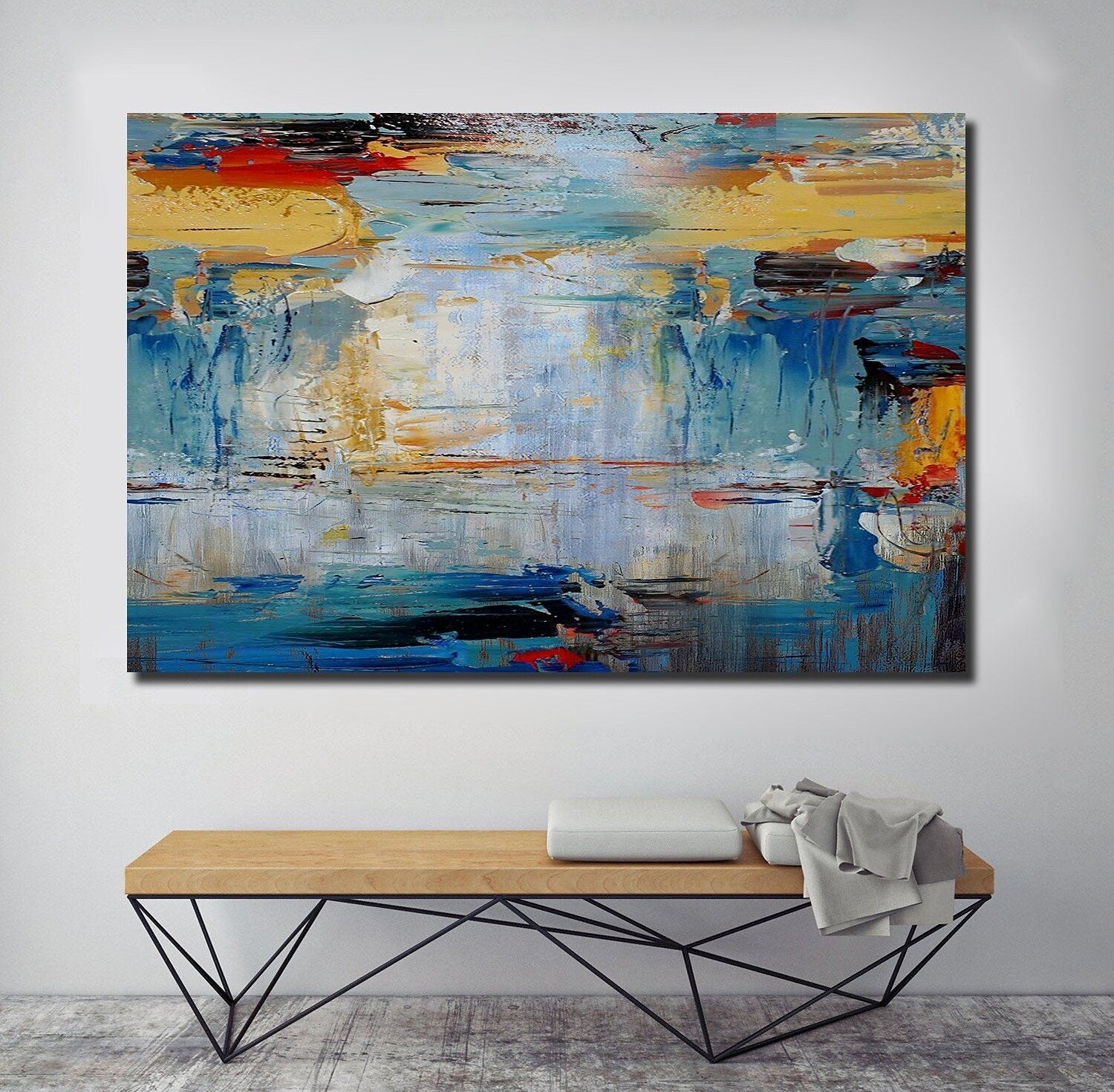 Acrylic Paintings for Living Room, Large Simple Modern Art, Blue Abstract Acrylic Painting, Contemporary Wall Art Paintings-Silvia Home Craft