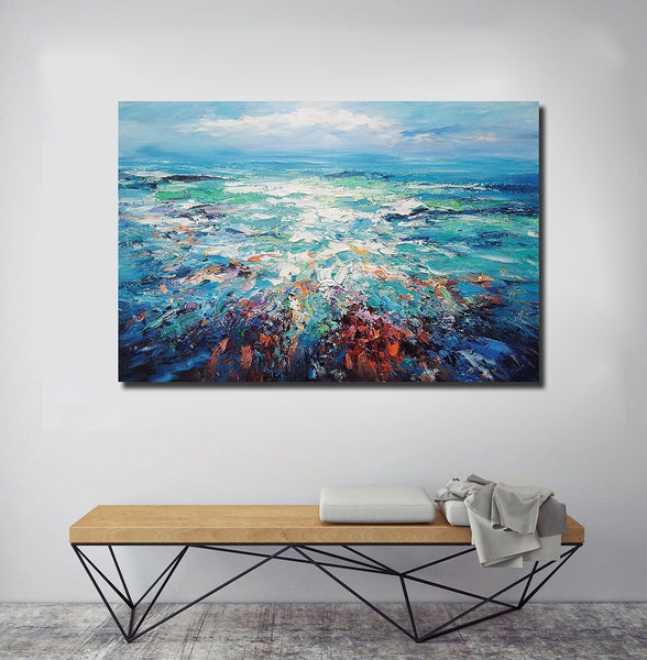 Landscape Canvas Paintings, Abstract Landscape Paintings, Blue Sea Wave Painting, Seascape Painting, Landscape Paintings for Living Room, Heavy Texture Canvas Art-Silvia Home Craft
