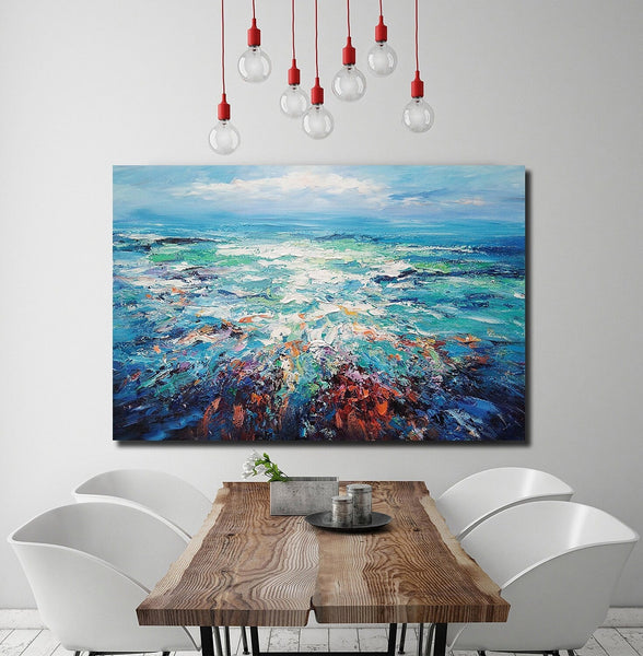 Landscape Canvas Paintings, Abstract Landscape Paintings, Blue Sea Wave Painting, Seascape Painting, Landscape Paintings for Living Room, Heavy Texture Canvas Art-Silvia Home Craft