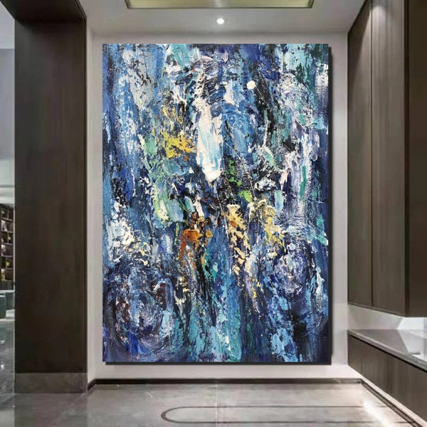 Simple Modern Art Ideas, Blue Abstract Canvas Painting, Contemporary Acrylic Paintings, Modern Paintings for Living Room, Large Wall Art Paintings-Silvia Home Craft