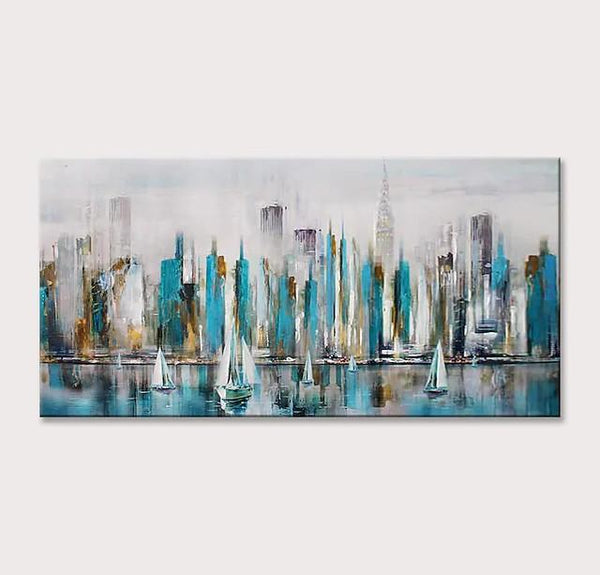 Sail Boat Painting, Cityscape Painting, Abstract Landscape Art, Wall Art Paintings, Simple Modern Paintings for Living Room-Silvia Home Craft
