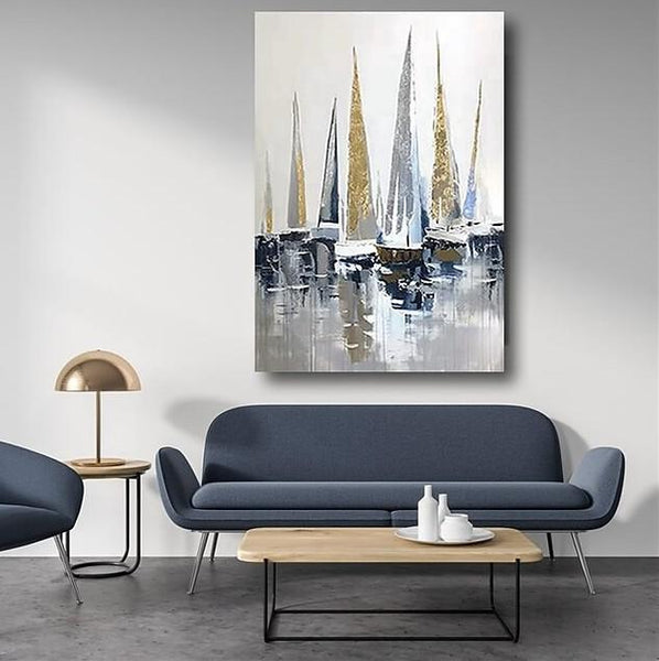 Boat Paintings, Palette Knife Paintings, Simple Modern Art, Large Paintings for Living Room, Hand Painted Canvas Art-Silvia Home Craft
