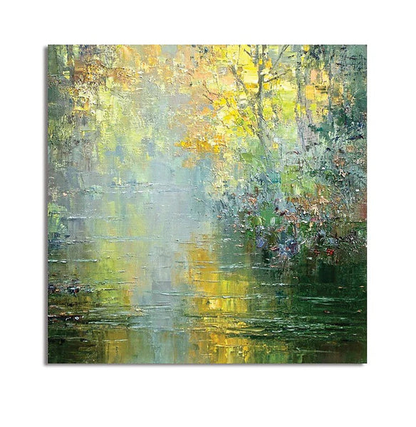 Abstract Landscape Painting, Forest Tree by the River, Landscape Canvas Painting, Simple Modern Wall Art Paintings for Living Room, Large Landscape Paintings-Silvia Home Craft