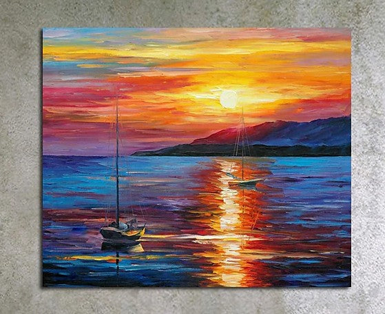 Boat Paintings, Simple Modern Art, Paintings for Living Room, Sunrise Painting, landscape Canvas Painting, Hand Painted Canvas Painting-Silvia Home Craft