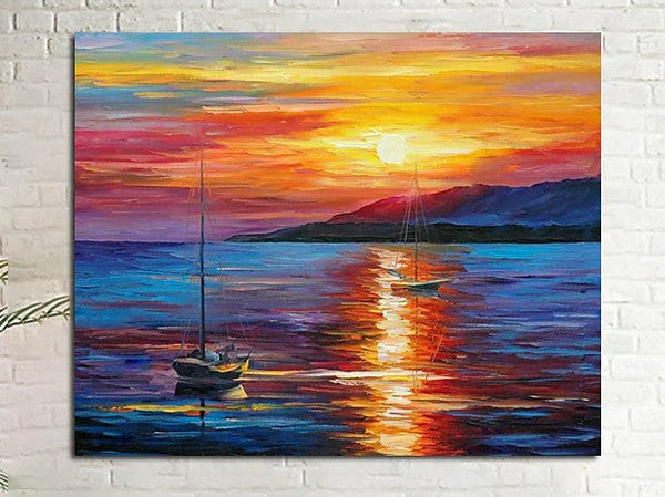Boat Paintings, Simple Modern Art, Paintings for Living Room, Sunrise Painting, landscape Canvas Painting, Hand Painted Canvas Painting-Silvia Home Craft