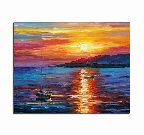 Boat Paintings, Simple Modern Art, Paintings for Living Room, Sunrise Painting, landscape Canvas Painting, Hand Painted Canvas Painting-Silvia Home Craft