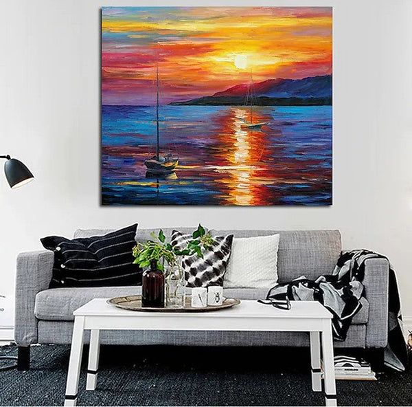 Boat Paintings, Simple Modern Art, Paintings for Living Room, Sunrise Painting, landscape Canvas Painting, Hand Painted Canvas Painting-Silvia Home Craft