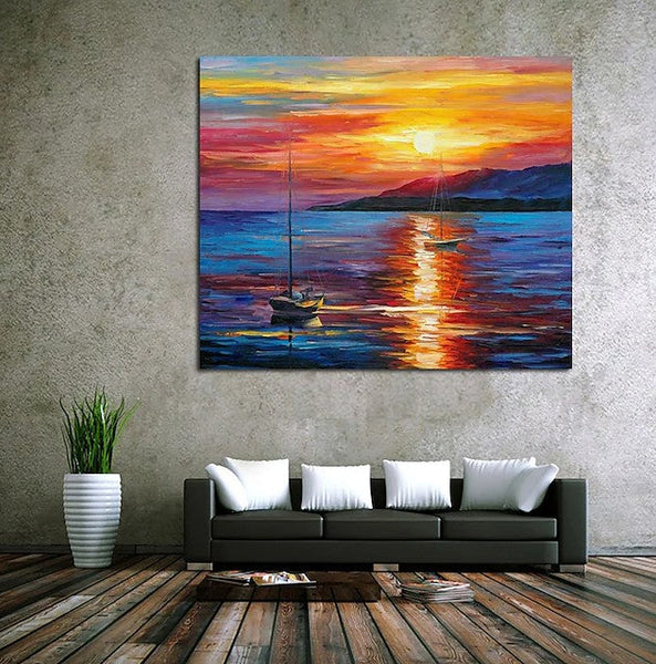 Boat Paintings, Simple Modern Art, Paintings for Living Room, Sunrise Painting, landscape Canvas Painting, Hand Painted Canvas Painting-Silvia Home Craft
