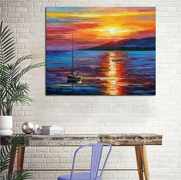 Boat Paintings, Simple Modern Art, Paintings for Living Room, Sunrise Painting, landscape Canvas Painting, Hand Painted Canvas Painting-Silvia Home Craft