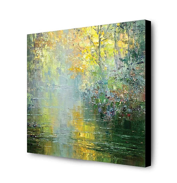 Abstract Landscape Painting, Forest Tree by the River, Landscape Canvas Painting, Simple Modern Wall Art Paintings for Living Room, Large Landscape Paintings-Silvia Home Craft