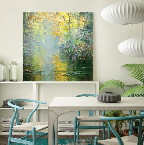 Abstract Landscape Painting, Forest Tree by the River, Landscape Canvas Painting, Simple Modern Wall Art Paintings for Living Room, Large Landscape Paintings-Silvia Home Craft