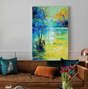 Forest Tree by the Lake Painting, Abstract Landscape Painting, Canvas Painting Landscape, Paintings for Living Room, Simple Modern Acrylic Paintings,-Silvia Home Craft