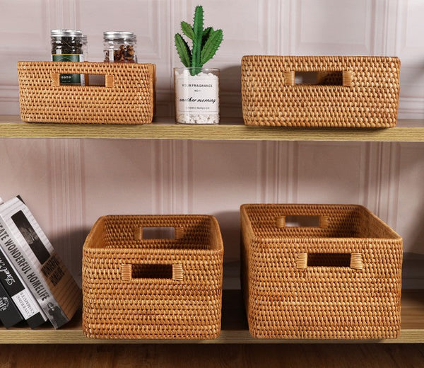 Storage Basket for Shelves, Large Rectangular Storage Baskets, Storage Baskets for Kitchen, Woven Rattan Storage Baskets for Bedroom-Silvia Home Craft