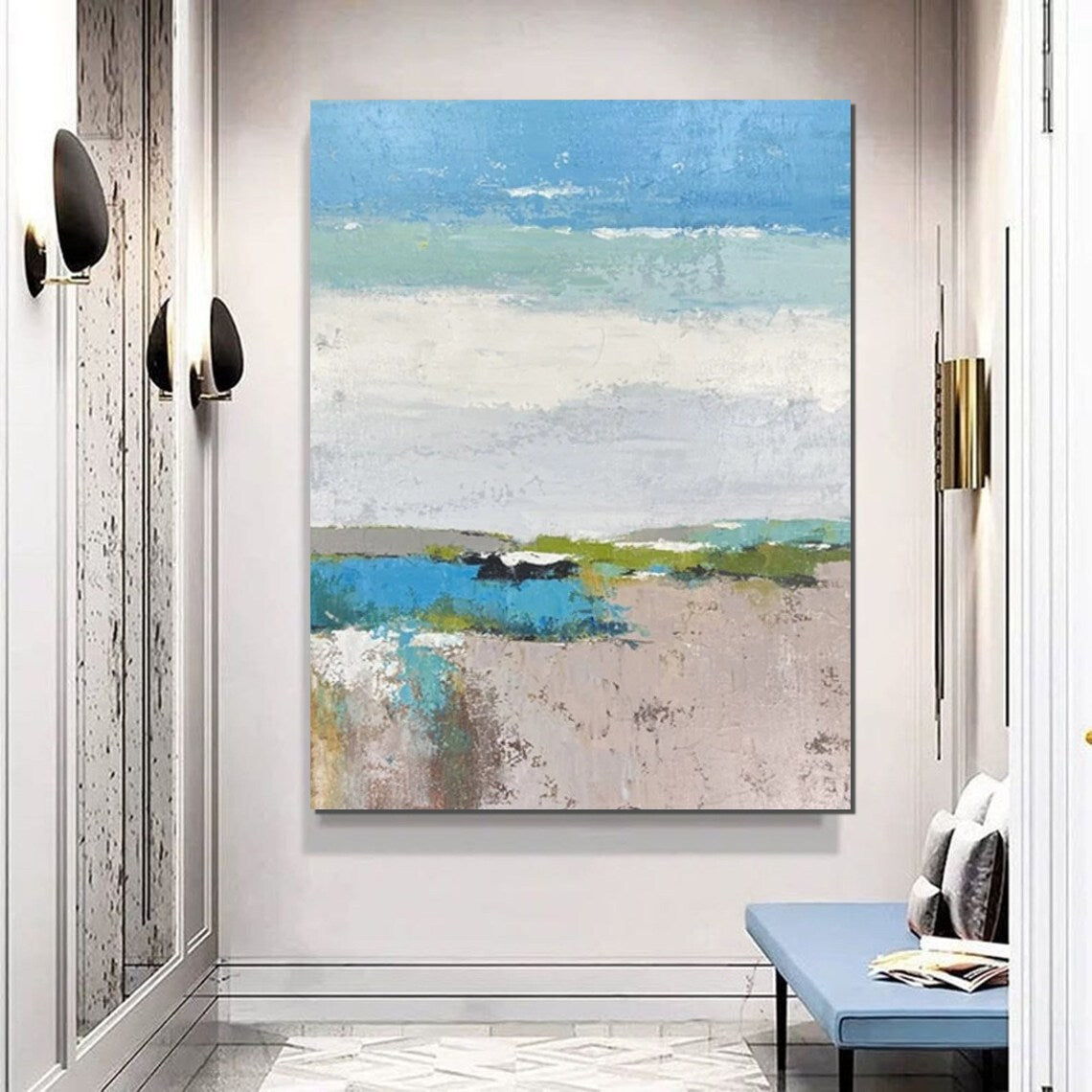 Acrylic Paintings on Canvas, Simple Modern Art, Large Paintings Behind Sofa, Acrylic Painting for Bedroom, Blue Modern Paintings, Buy Paintings Online-Silvia Home Craft