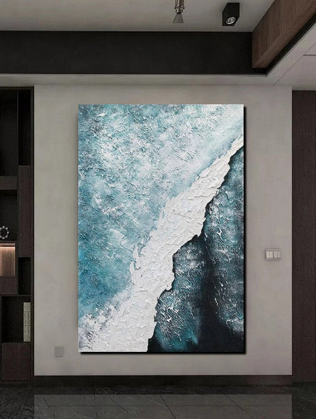 Large Wall Art Ideas, Impasto Painting, Blue Modern Abstract Painting, Living Room Abstract Paintings, Large Acrylic Canvas Paintings-Silvia Home Craft