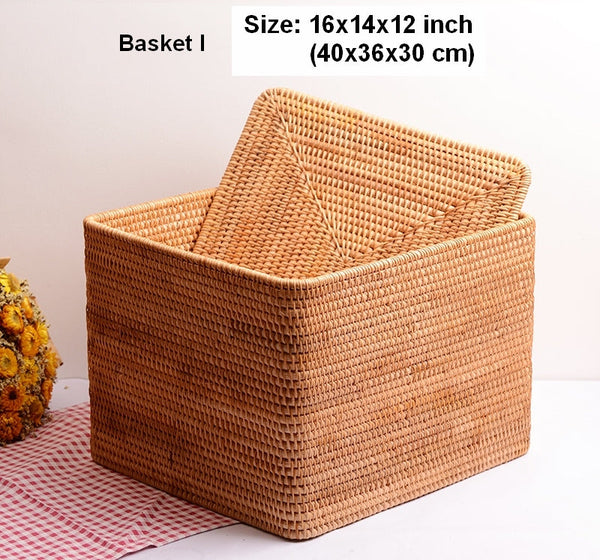 Woven Storage Baskets, Rectangular Storage Basket with Lid, Large Storage Basket for Clothes, Storage Baskets for Shelves, Kitchen Storage Baskets-Silvia Home Craft