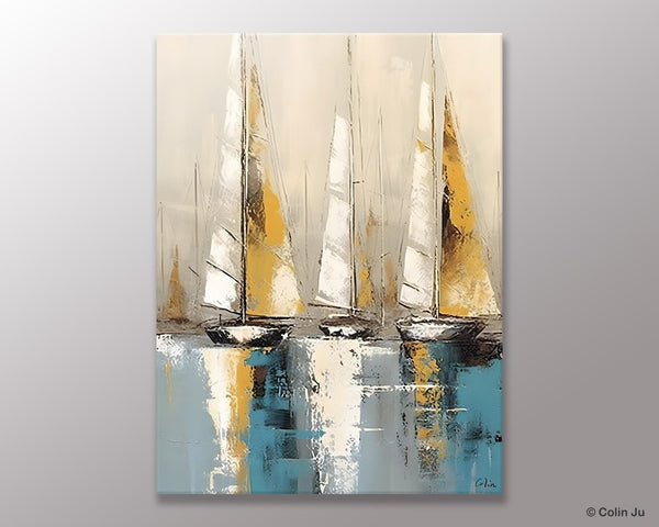 Large Painting Ideas for Living Room, Large Original Canvas Art for Bedroom, Sail Boat Canvas Painting, Modern Abstract Wall Art Paintings-Silvia Home Craft