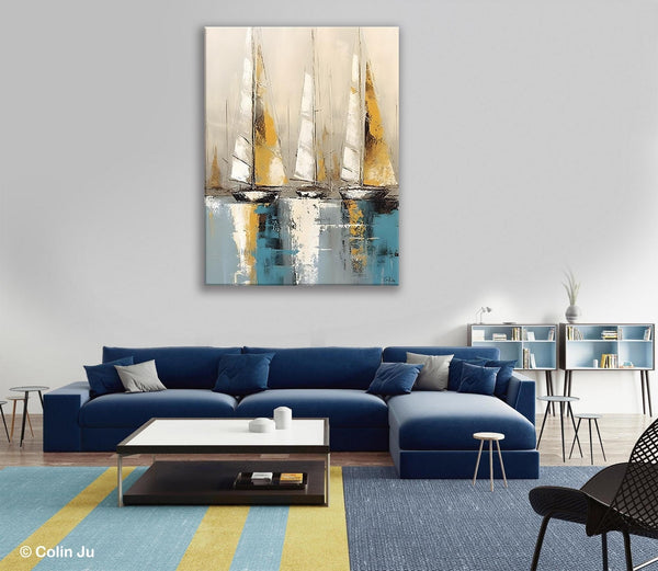 Large Painting Ideas for Living Room, Large Original Canvas Art for Bedroom, Sail Boat Canvas Painting, Modern Abstract Wall Art Paintings-Silvia Home Craft