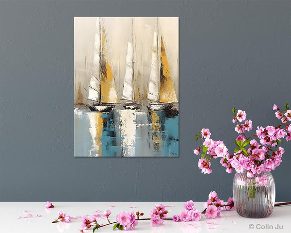 Large Painting Ideas for Living Room, Large Original Canvas Art for Bedroom, Sail Boat Canvas Painting, Modern Abstract Wall Art Paintings-Silvia Home Craft