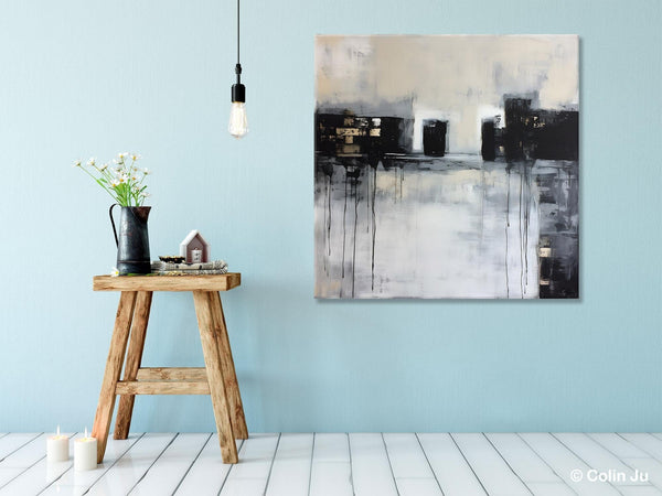 Contemporary Canvas Art, Black Acrylic Artwork, Original Abstract Wall Art, Hand Painted Canvas Art, Extra Large Abstract Painting for Sale-Silvia Home Craft