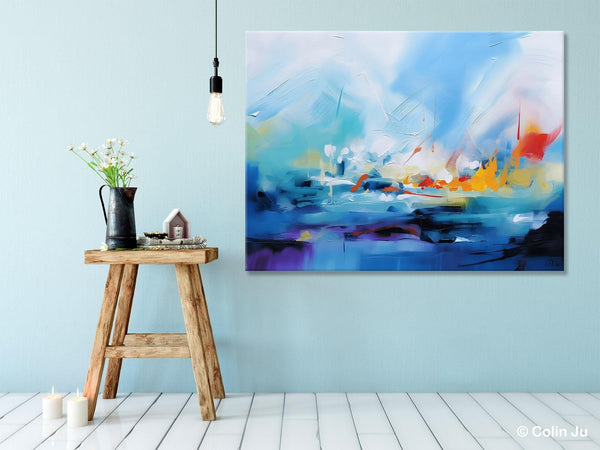 Hand Painted Canvas Art, Blue Original Wall Art Painting for Bedroom, Extra Large Modern Canvas Paintings, Acrylic Paintings on Canvas-Silvia Home Craft