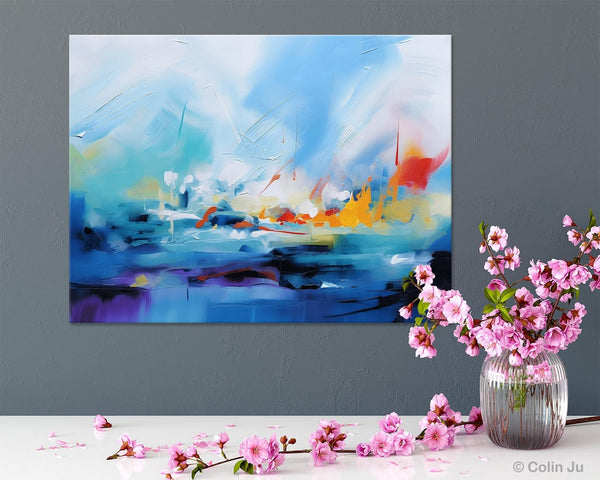 Hand Painted Canvas Art, Blue Original Wall Art Painting for Bedroom, Extra Large Modern Canvas Paintings, Acrylic Paintings on Canvas-Silvia Home Craft