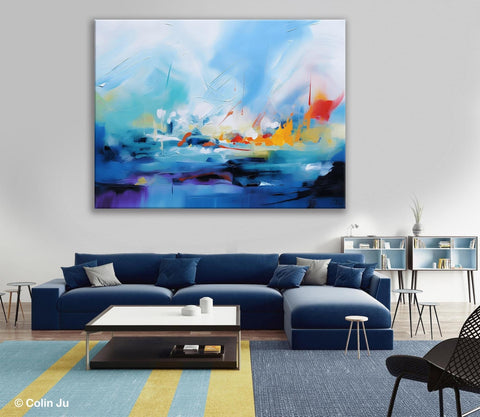Hand Painted Canvas Art, Blue Original Wall Art Painting for Bedroom, Extra Large Modern Canvas Paintings, Acrylic Paintings on Canvas-Silvia Home Craft