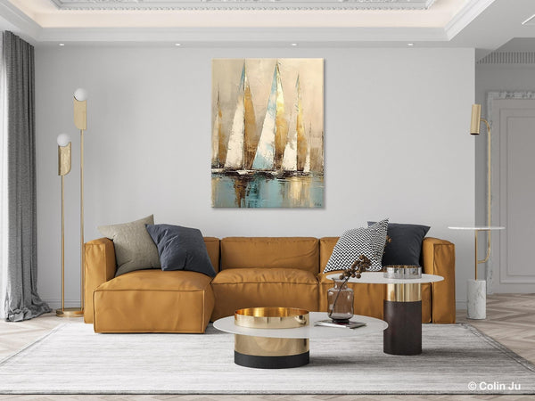 Sail Boat Abstract Painting, Landscape Canvas Paintings for Dining Room, Acrylic Painting on Canvas, Original Landscape Abstract Painting-Silvia Home Craft