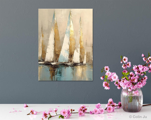 Sail Boat Abstract Painting, Landscape Canvas Paintings for Dining Room, Acrylic Painting on Canvas, Original Landscape Abstract Painting-Silvia Home Craft
