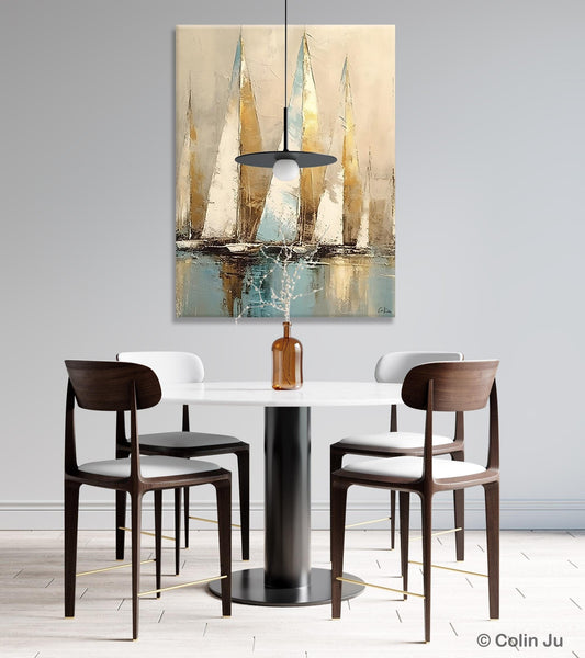 Sail Boat Abstract Painting, Landscape Canvas Paintings for Dining Room, Acrylic Painting on Canvas, Original Landscape Abstract Painting-Silvia Home Craft