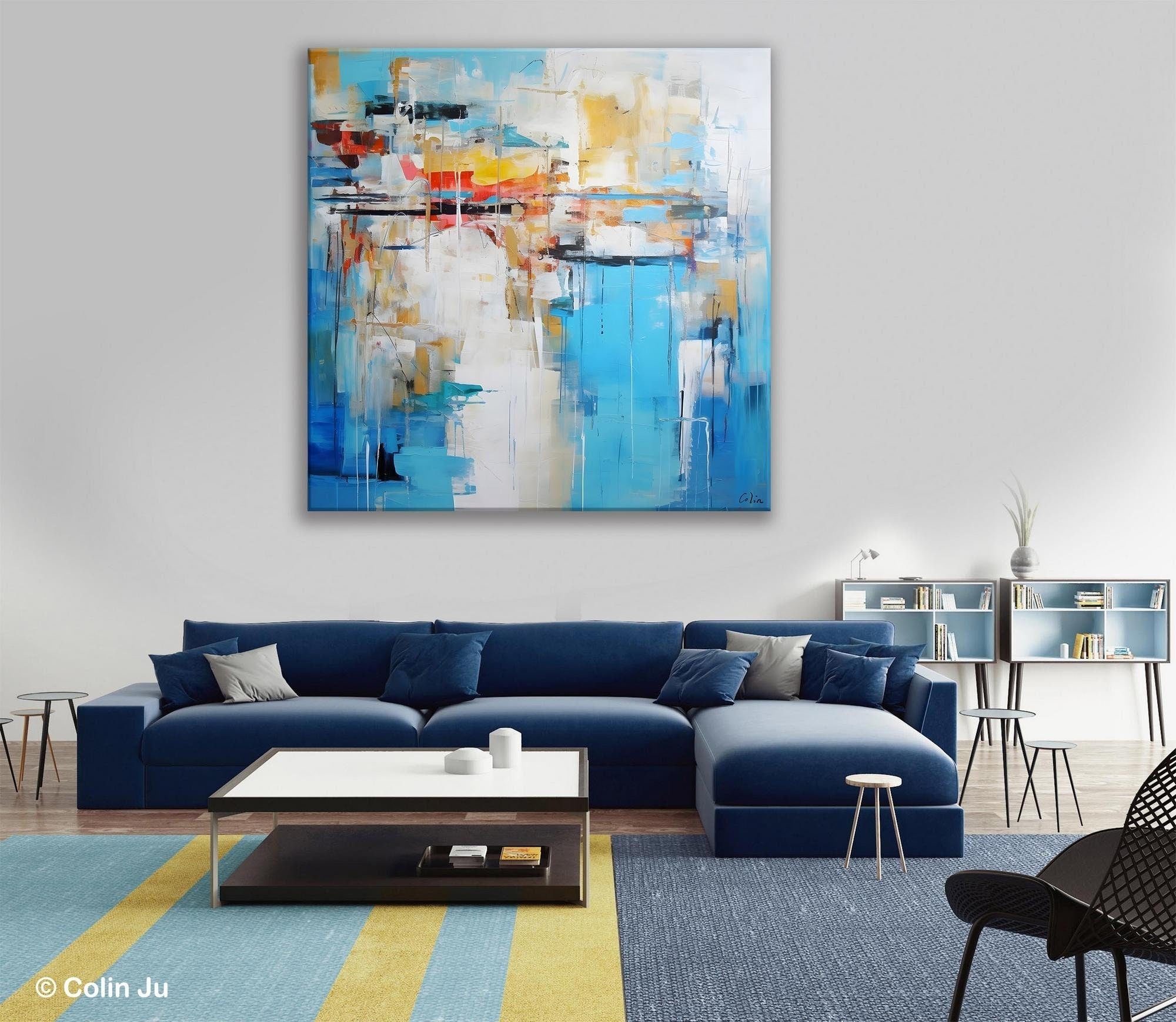 Blue Abstract Painting for Bedroom, Original Modern Wall Paintings, Contemporary Canvas Art, Modern Acrylic Artwork, Buy Paintings Online-Silvia Home Craft