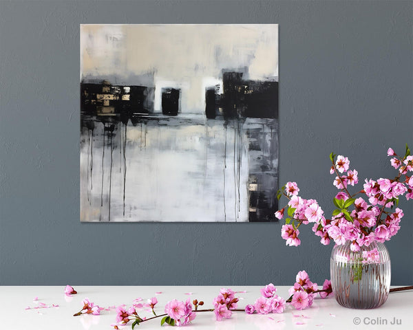 Contemporary Canvas Art, Black Acrylic Artwork, Original Abstract Wall Art, Hand Painted Canvas Art, Extra Large Abstract Painting for Sale-Silvia Home Craft