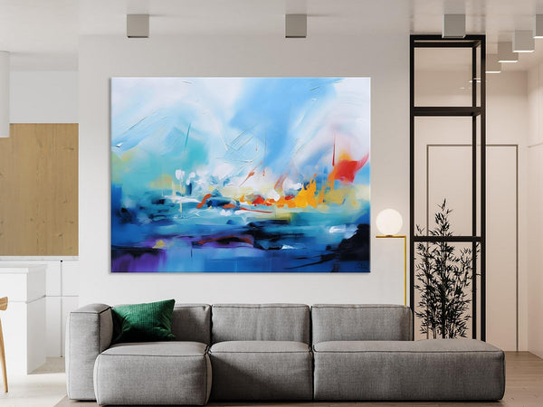 Hand Painted Canvas Art, Blue Original Wall Art Painting for Bedroom, Extra Large Modern Canvas Paintings, Acrylic Paintings on Canvas-Silvia Home Craft