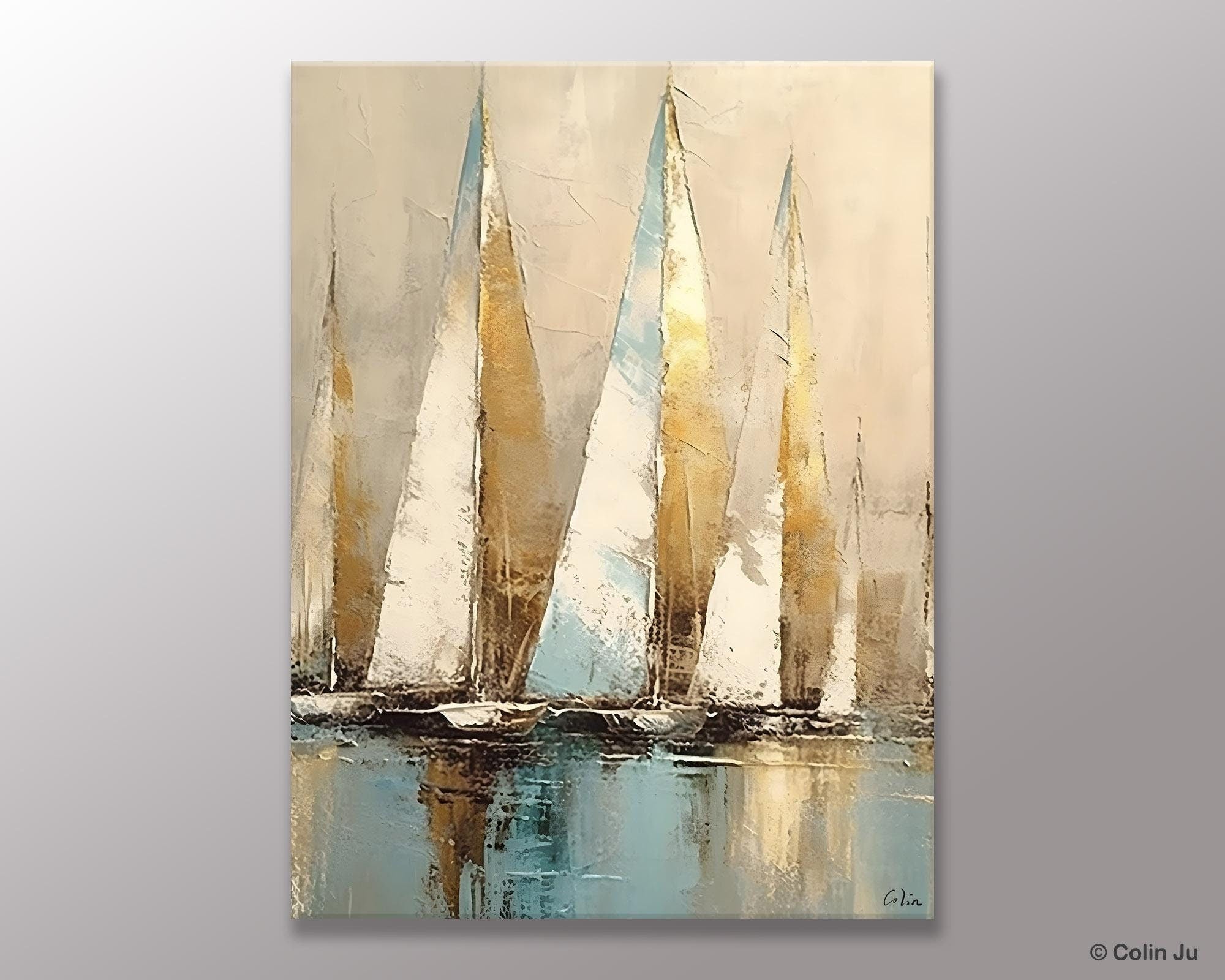Sail Boat Abstract Painting, Landscape Canvas Paintings for Dining Room, Acrylic Painting on Canvas, Original Landscape Abstract Painting-Silvia Home Craft