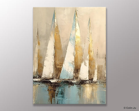 Sail Boat Abstract Painting, Landscape Canvas Paintings for Dining Room, Acrylic Painting on Canvas, Original Landscape Abstract Painting-Silvia Home Craft