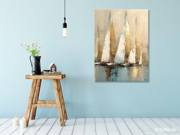 Sail Boat Abstract Painting, Landscape Canvas Paintings for Dining Room, Acrylic Painting on Canvas, Original Landscape Abstract Painting-Silvia Home Craft